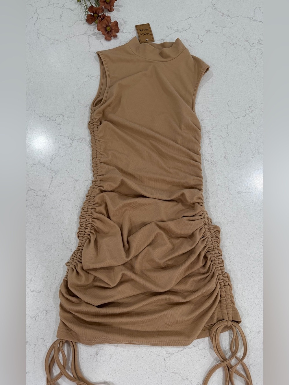 Style Rack Neutral Tan Sleeveless Ruched Side-Tie Mini - Picture 2 of 7